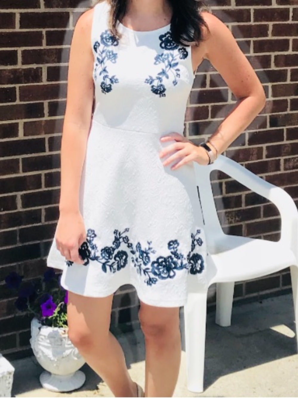 Francesca's Collections White Mini Dress with Navy Floral Embroidery